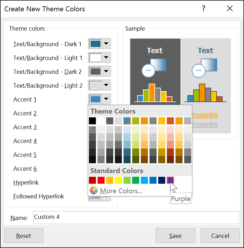 a dialog box showing the current theme colors
